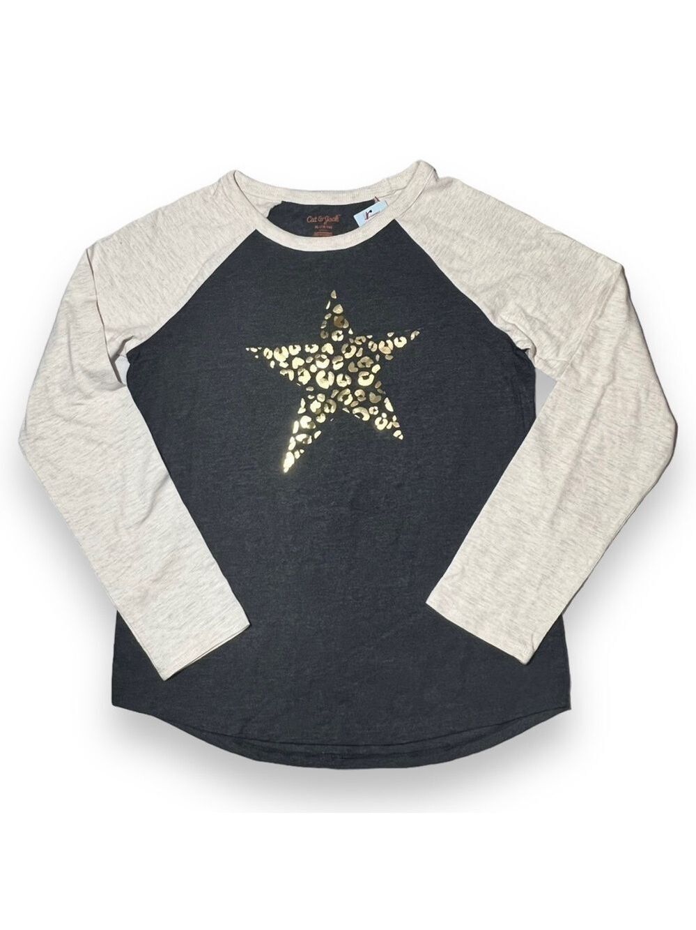 Cat & Jack Girl’s Foil Star Printed Long Sleeve T-Shirt Charcoal/Cream Size XL